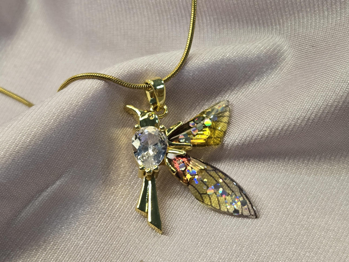 Gold Dragonfly Necklace, Crystal Enamel Wings, Nature Inspired Jewelry, Minimalist Whimsical Pendant