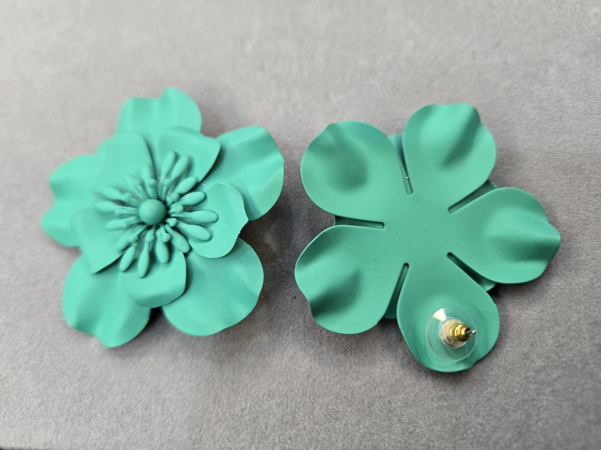 Matte Teal 3D Layered Flower Statement Earrings, Oversized Turquoise Bloom Studs