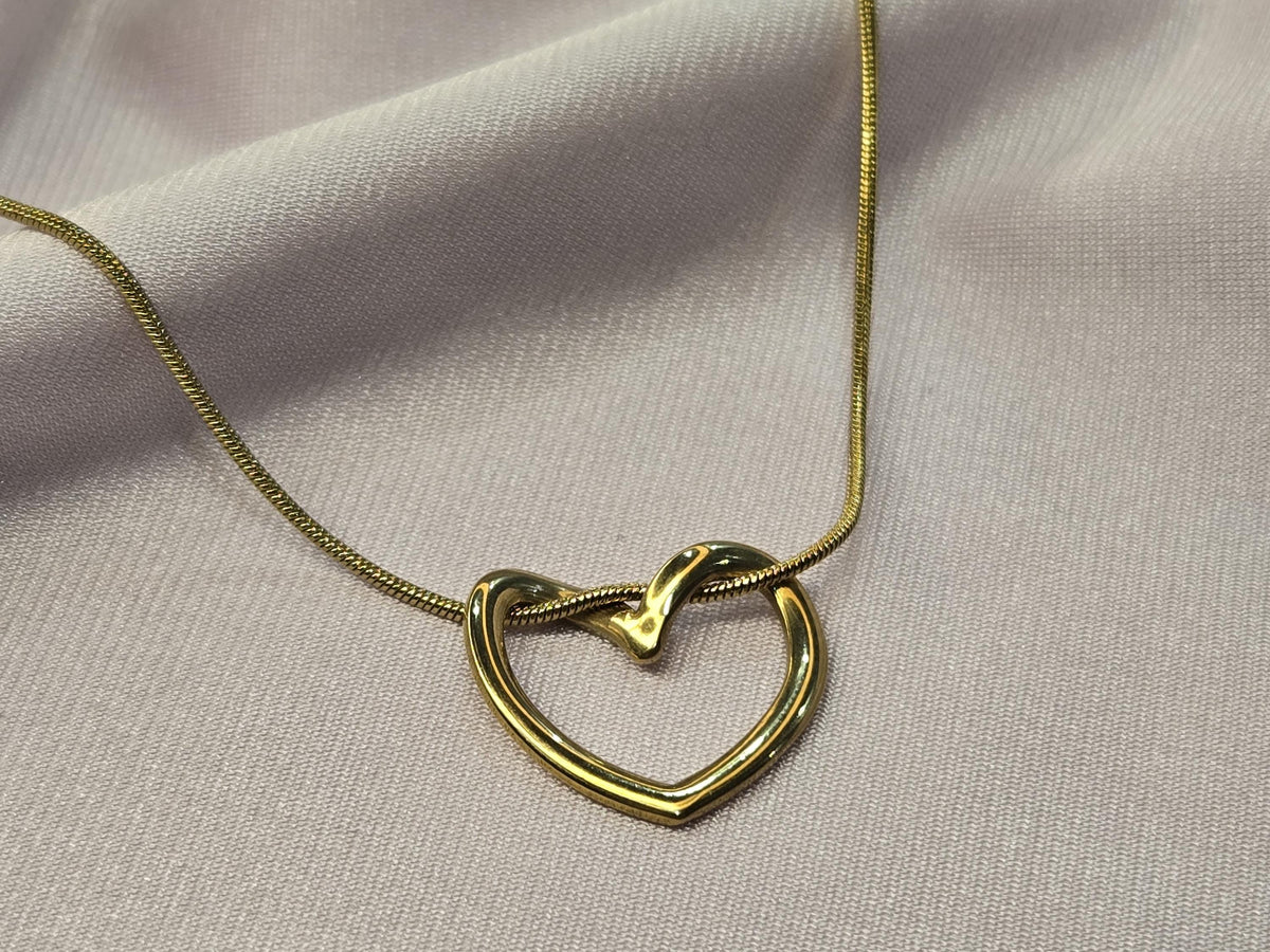 Gold Open Heart Necklace, Dainty Snake Chain Pendant, Minimalist Stainless Steel Jewelry