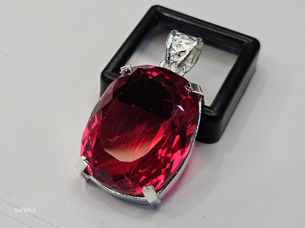 Red Topaz Locket Pendant, Lab-Created Cushion Cut 77+ ct Gemstone