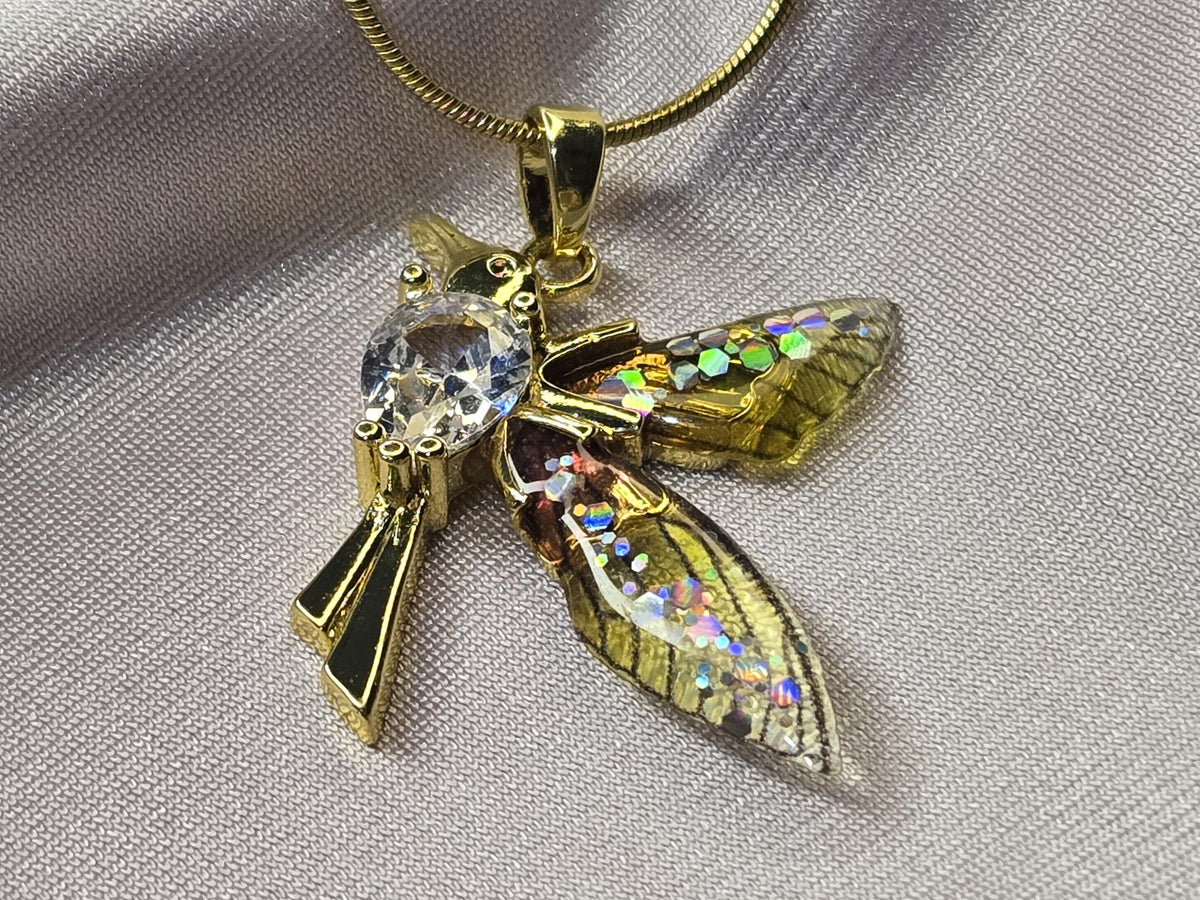 Gold Dragonfly Necklace, Crystal Enamel Wings, Nature Inspired Jewelry, Minimalist Whimsical Pendant