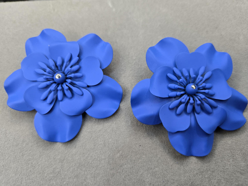 Matte Cobalt Blue 3D Flower Statement Earrings, Large Botanical Bloom Studs