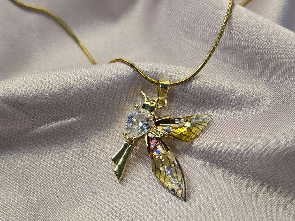 Gold Dragonfly Necklace, Crystal Enamel Wings, Nature Inspired Jewelry, Minimalist Whimsical Pendant
