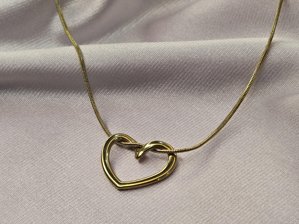 Gold Open Heart Necklace, Dainty Snake Chain Pendant, Minimalist Stainless Steel Jewelry