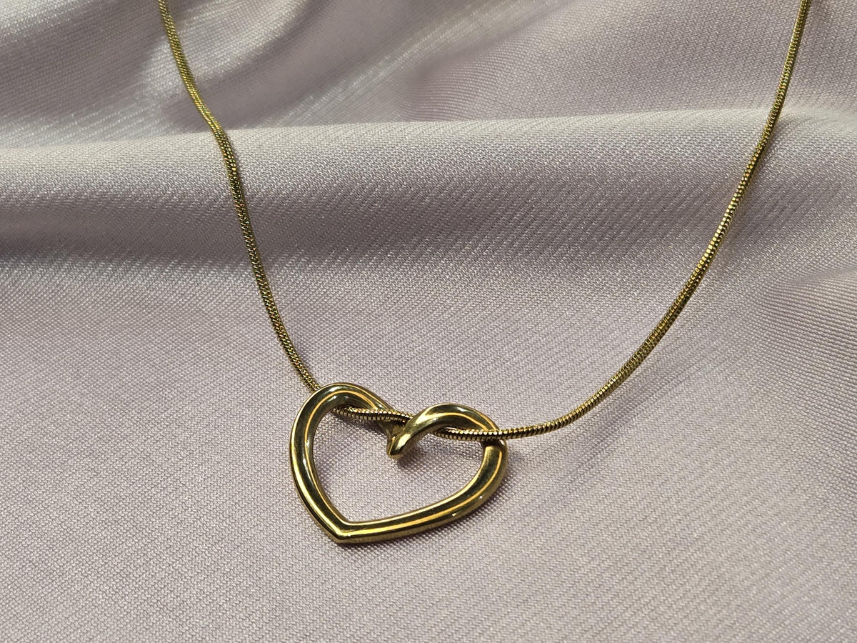 Gold Open Heart Necklace, Dainty Snake Chain Pendant, Minimalist Stainless Steel Jewelry
