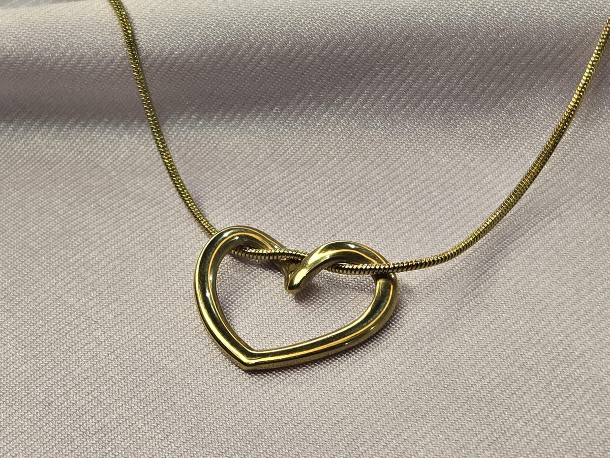 Gold Open Heart Necklace, Dainty Snake Chain Pendant, Minimalist Stainless Steel Jewelry