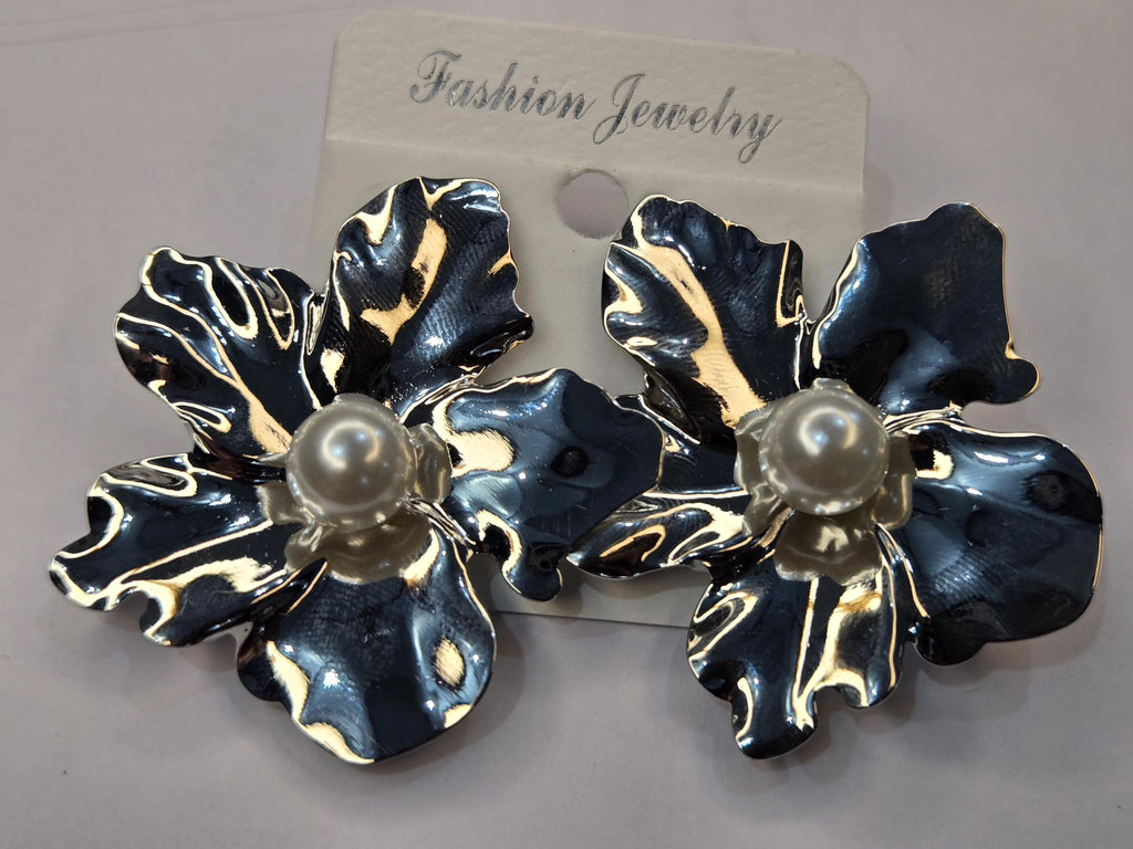 Large Silver Flower Statement Earrings with Pearl Center, 3D Metallic Botanical Studs