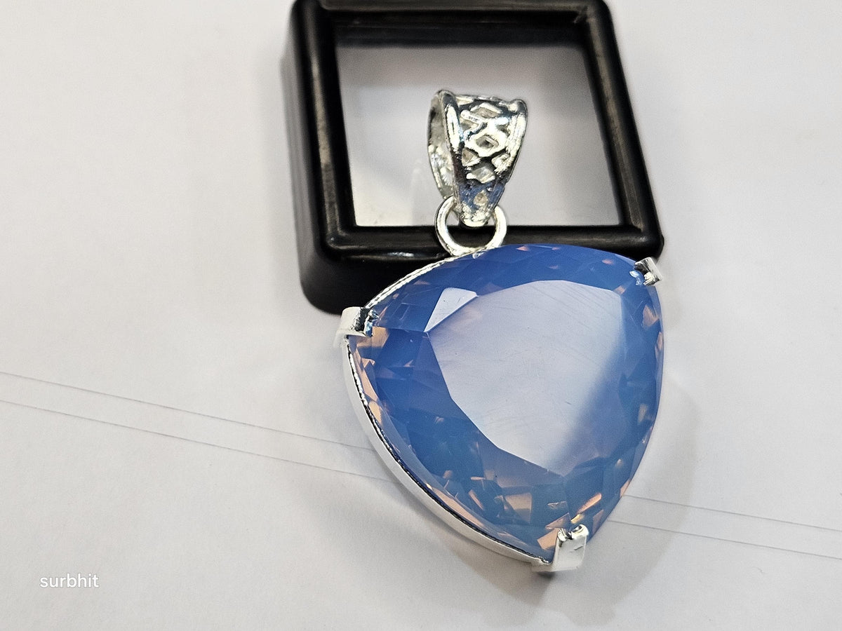 Blue Opal Locket Pendant, Trillion Cut Lab-Created Gemstone