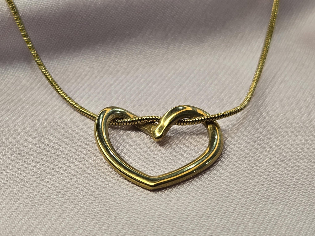 Gold Open Heart Necklace, Dainty Snake Chain Pendant, Minimalist Stainless Steel Jewelry