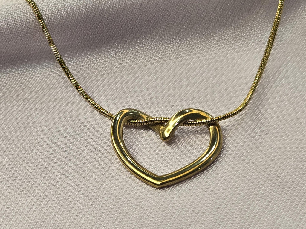 Gold Open Heart Necklace, Dainty Snake Chain Pendant, Minimalist Stainless Steel Jewelry