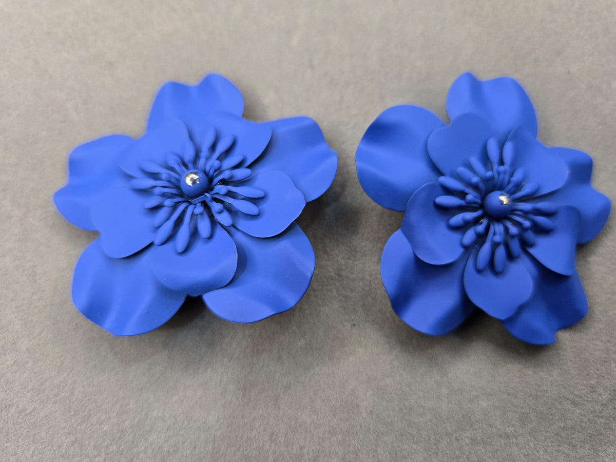 Matte Cobalt Blue 3D Flower Statement Earrings, Large Botanical Bloom Studs
