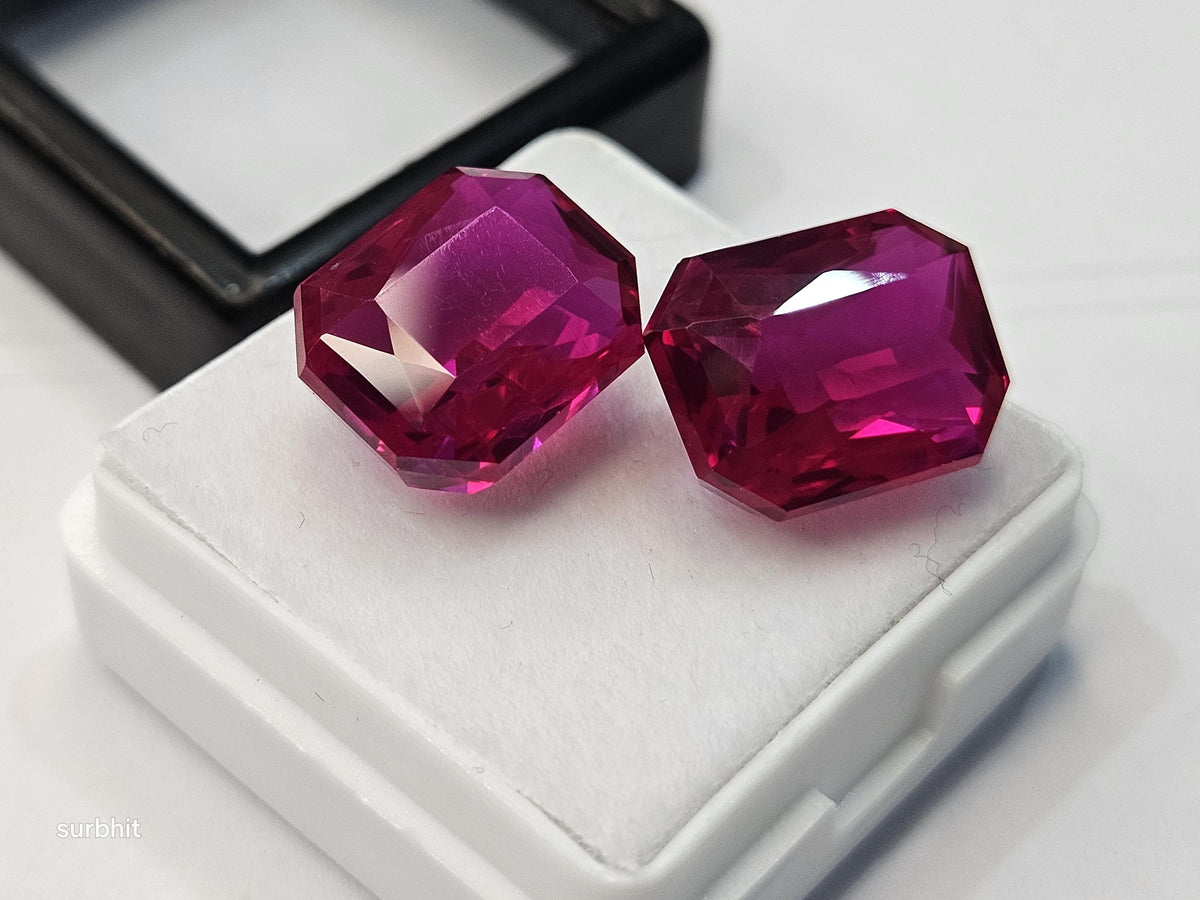Pair Pink Ruby Gemstones, Mozambique Emerald Cut (21-22 Ct)