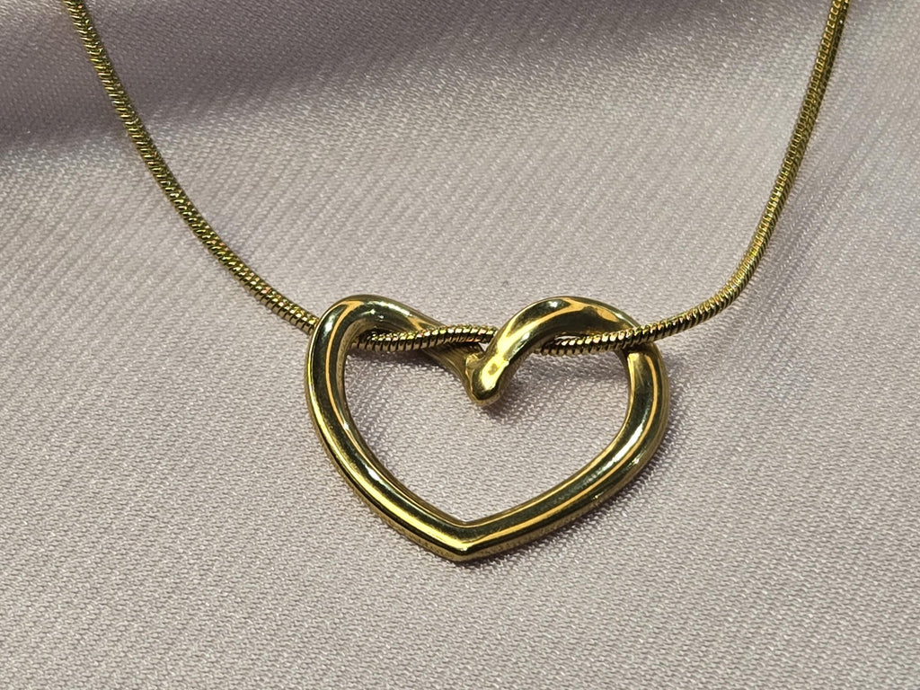Gold Open Heart Necklace, Dainty Snake Chain Pendant, Minimalist Stainless Steel Jewelry