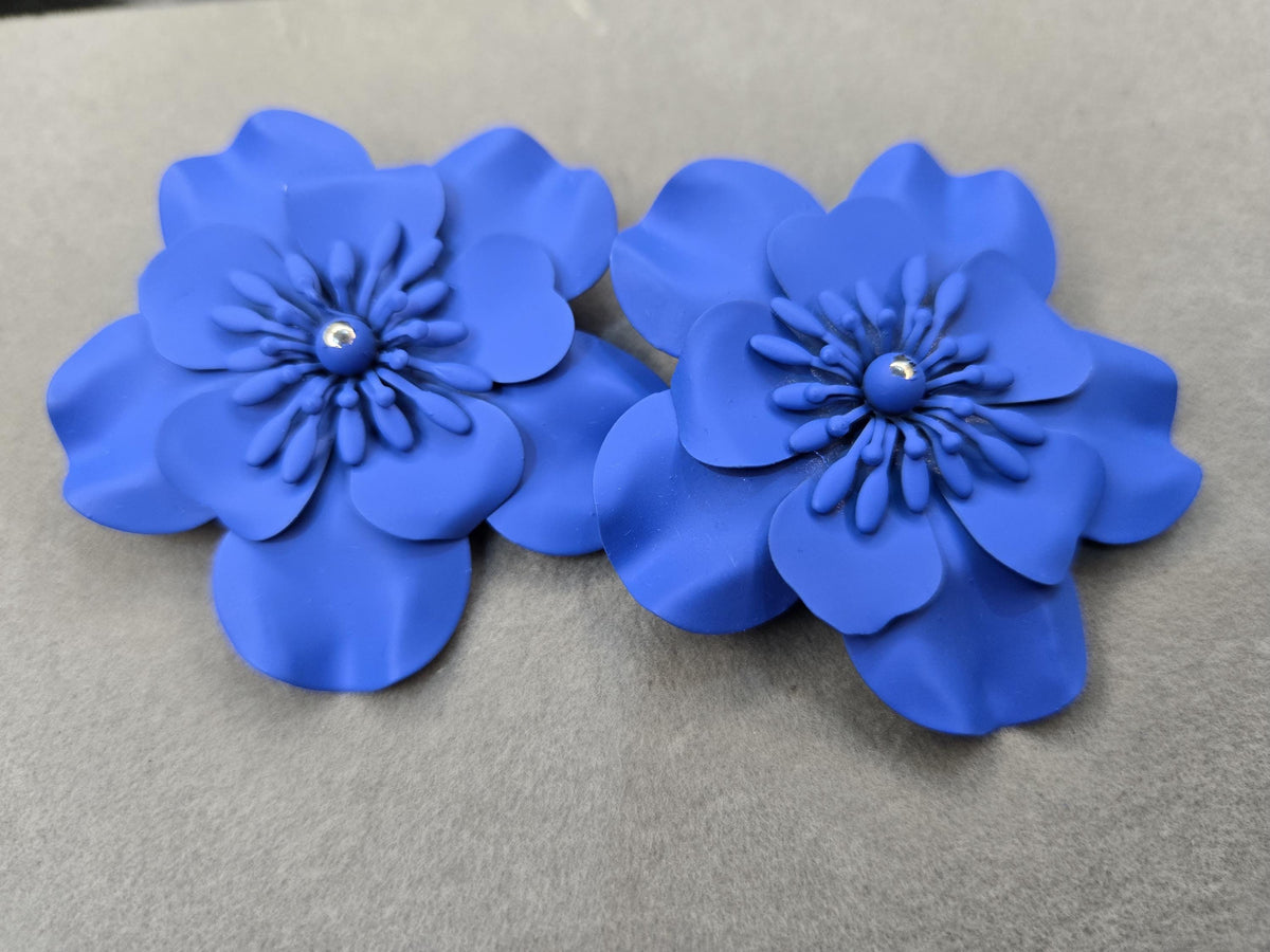 Matte Cobalt Blue 3D Flower Statement Earrings, Large Botanical Bloom Studs