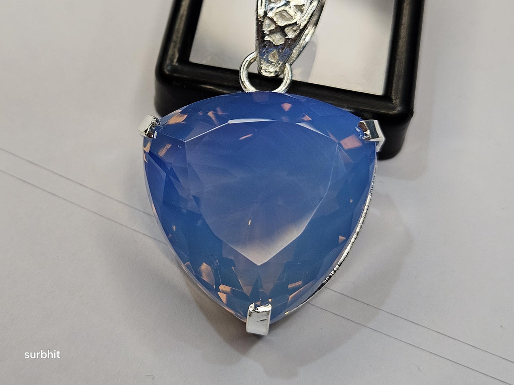 Blue Opal Locket Pendant, Trillion Cut Lab-Created Gemstone