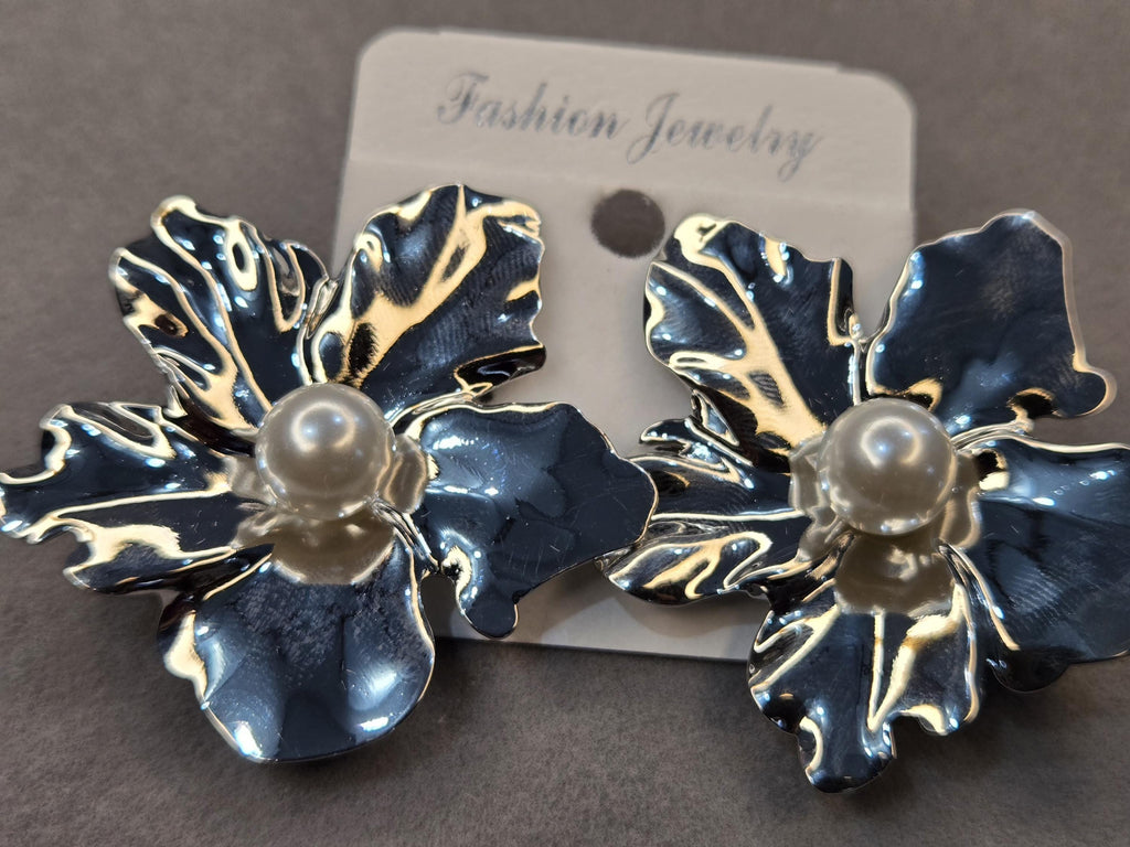 Large Silver Flower Statement Earrings with Pearl Center, 3D Metallic Botanical Studs