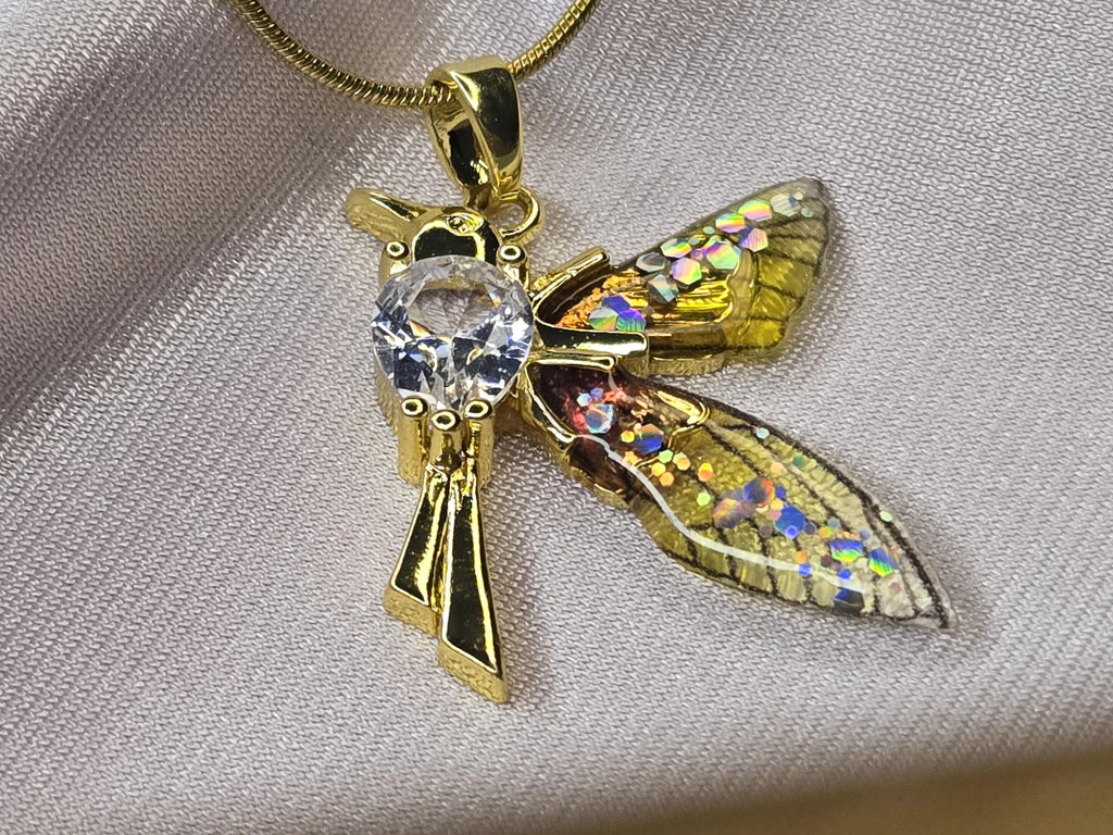 Gold Dragonfly Necklace, Crystal Enamel Wings, Nature Inspired Jewelry, Minimalist Whimsical Pendant