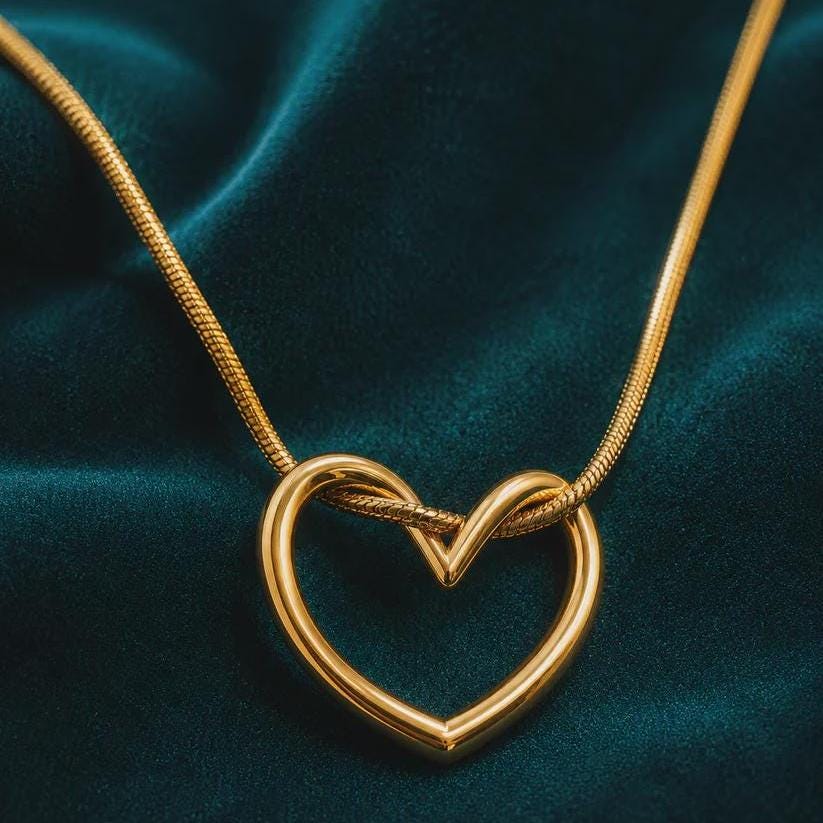Gold Open Heart Necklace, Dainty Snake Chain Pendant, Minimalist Stainless Steel Jewelry