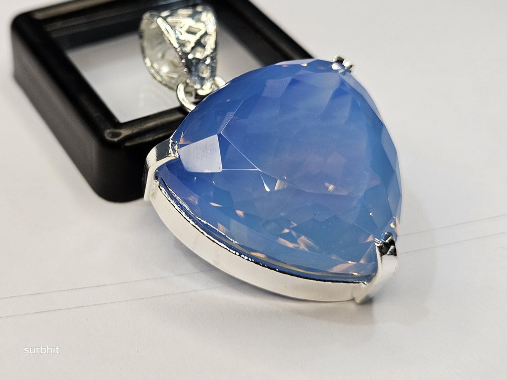 Blue Opal Locket Pendant, Trillion Cut Lab-Created Gemstone