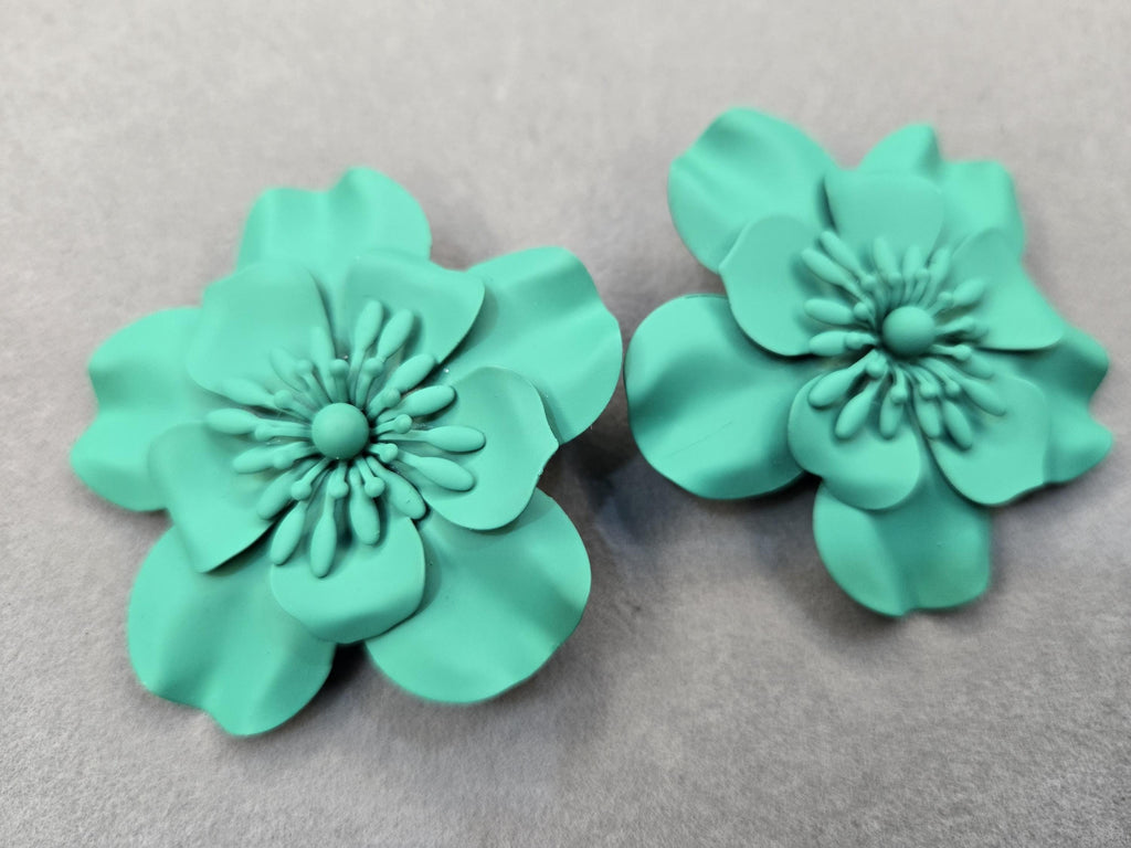 Matte Teal 3D Layered Flower Statement Earrings, Oversized Turquoise Bloom Studs