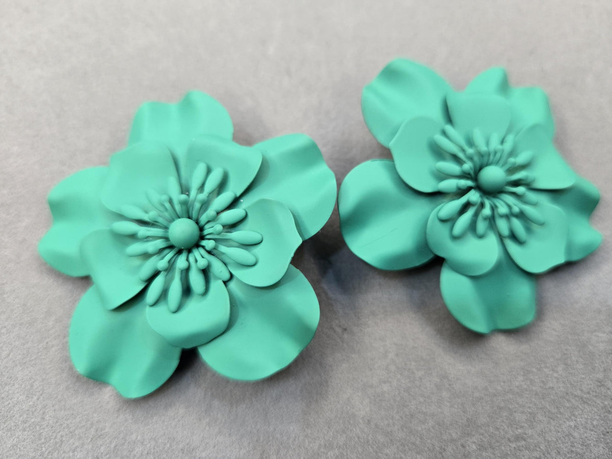 Matte Teal 3D Layered Flower Statement Earrings, Oversized Turquoise Bloom Studs