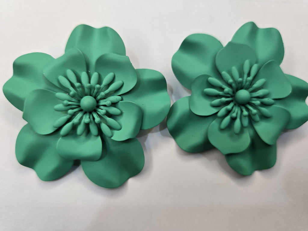 Matte Teal 3D Layered Flower Statement Earrings, Oversized Turquoise Bloom Studs