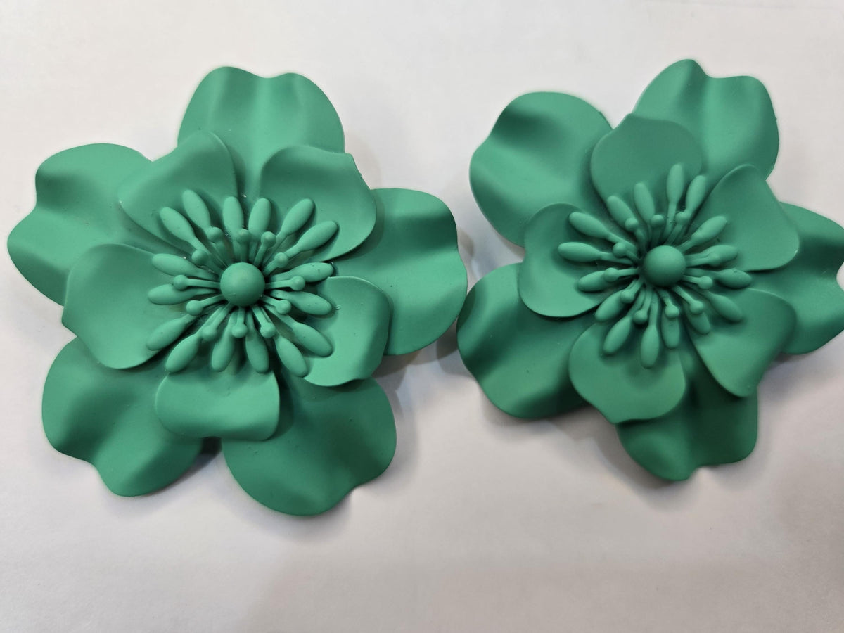 Matte Teal 3D Layered Flower Statement Earrings, Oversized Turquoise Bloom Studs