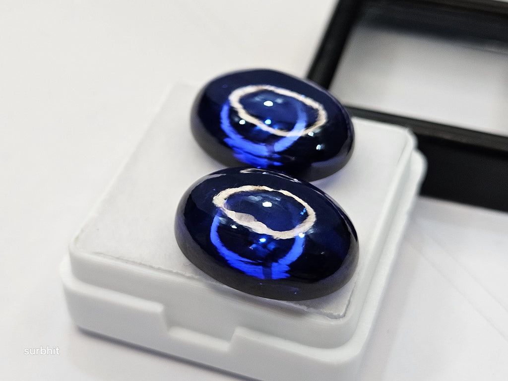 Lab Created Blue Iolite Oval Cabochon Pair (35+ Carats) for Jewelry Making