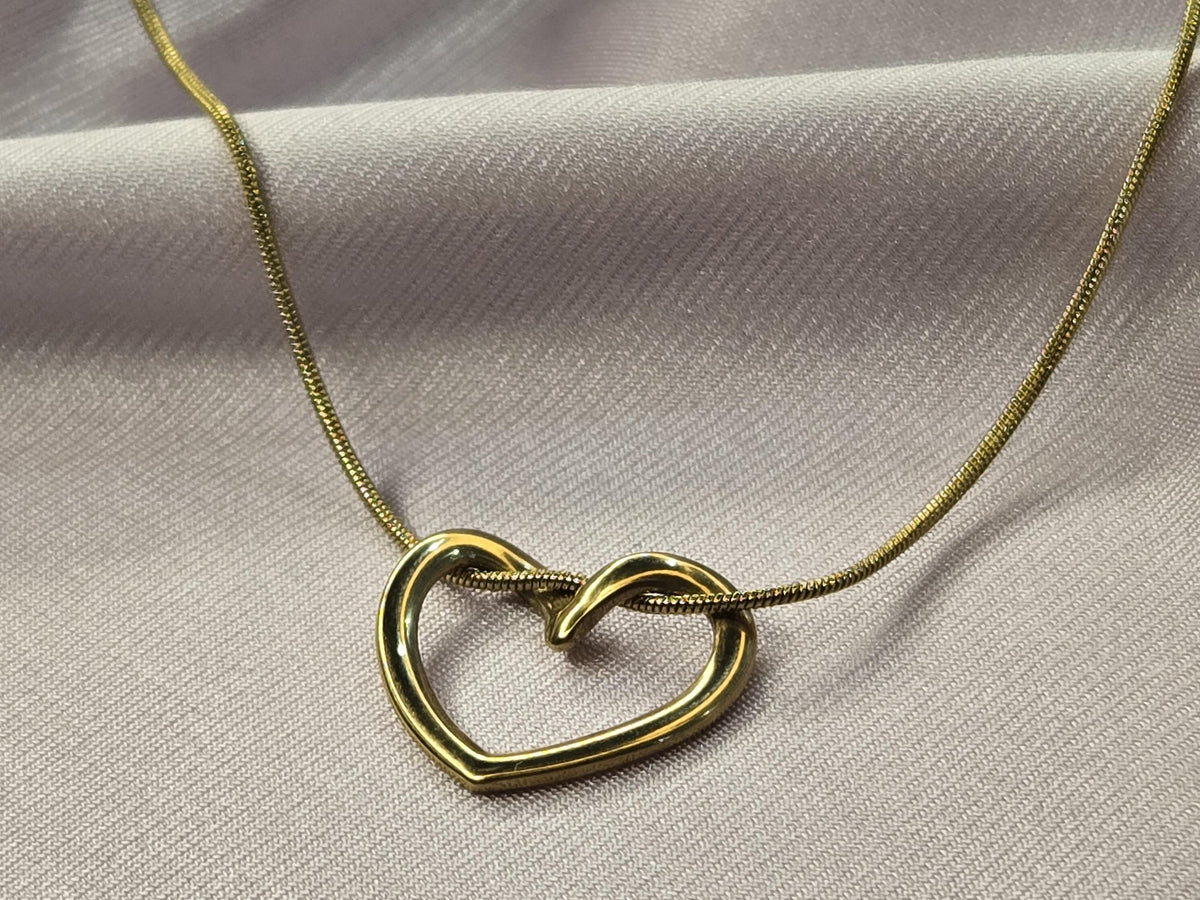 Gold Open Heart Necklace, Dainty Snake Chain Pendant, Minimalist Stainless Steel Jewelry
