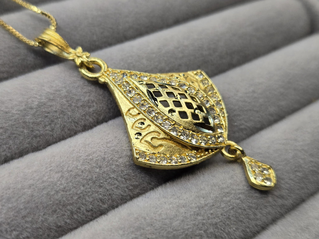 Gold Fan Pendant Necklace Set with CZ Stones – Bridal Jewelry with Matching Earrings