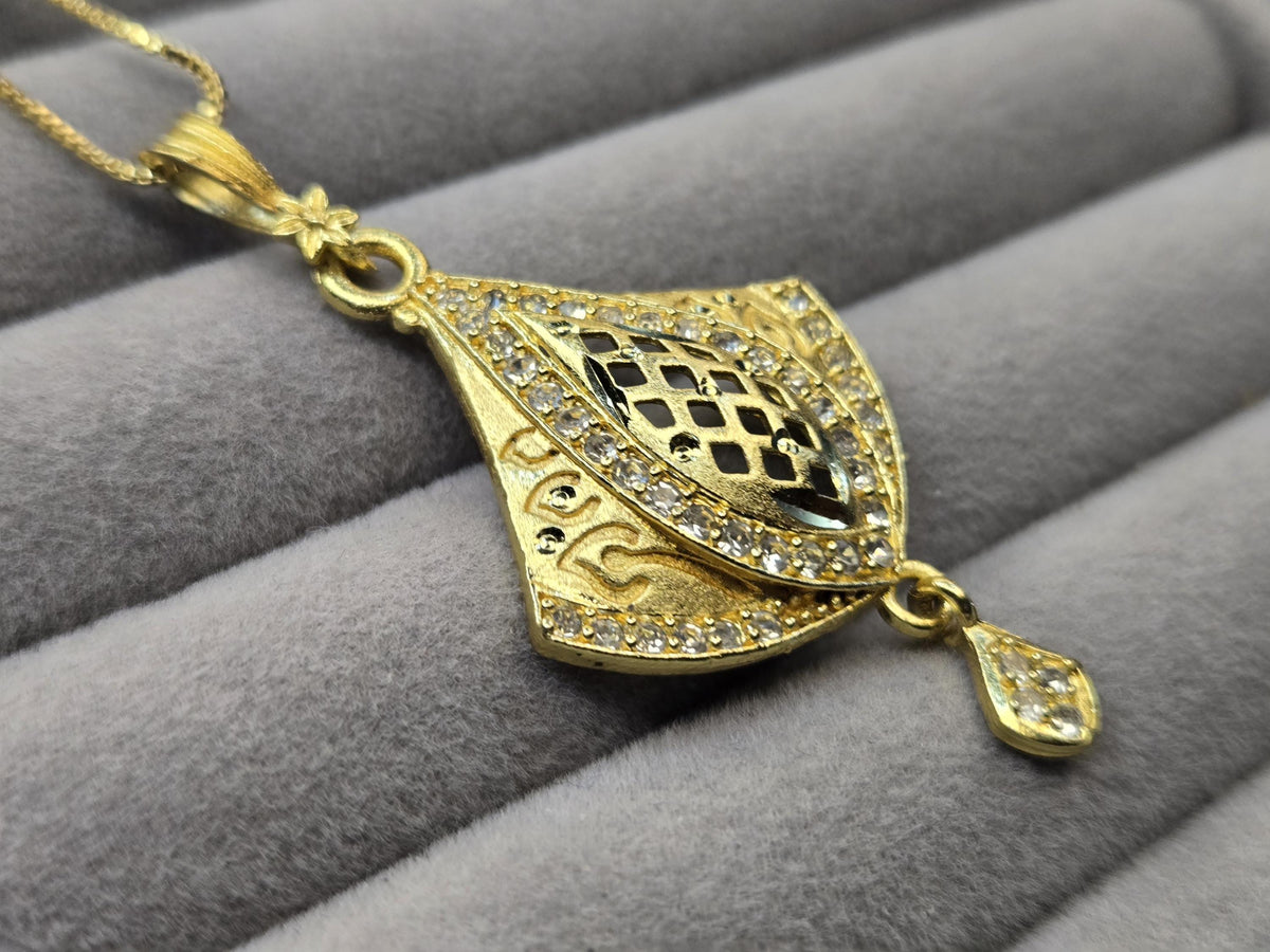 Gold Fan Pendant Necklace Set with CZ Stones – Bridal Jewelry with Matching Earrings