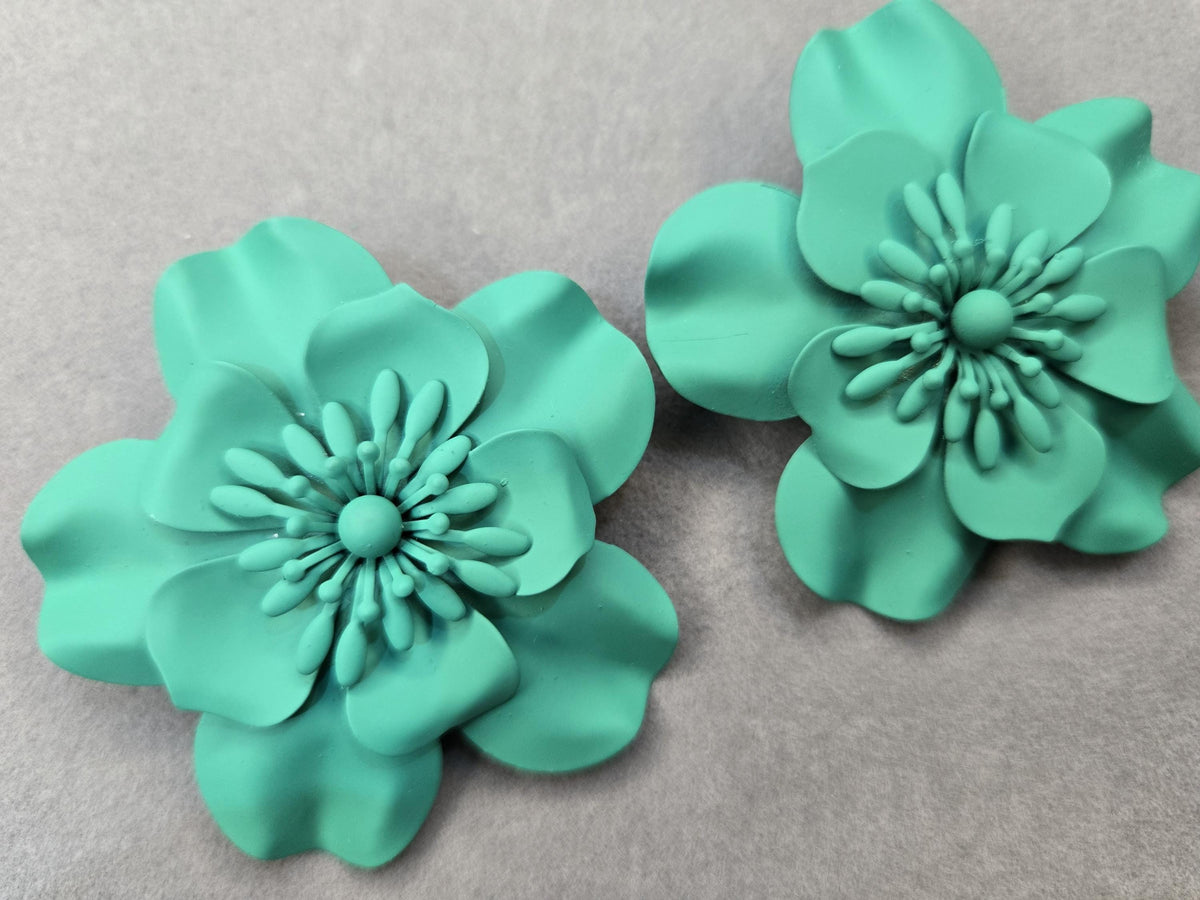 Matte Teal 3D Layered Flower Statement Earrings, Oversized Turquoise Bloom Studs