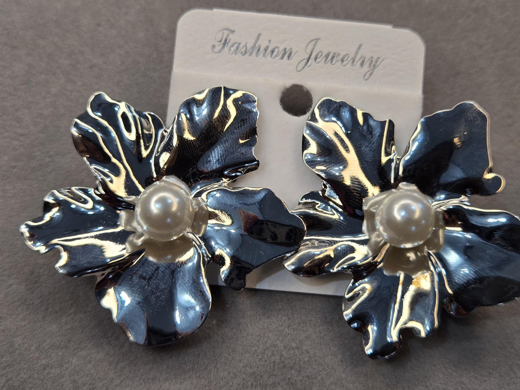 Large Silver Flower Statement Earrings with Pearl Center, 3D Metallic Botanical Studs
