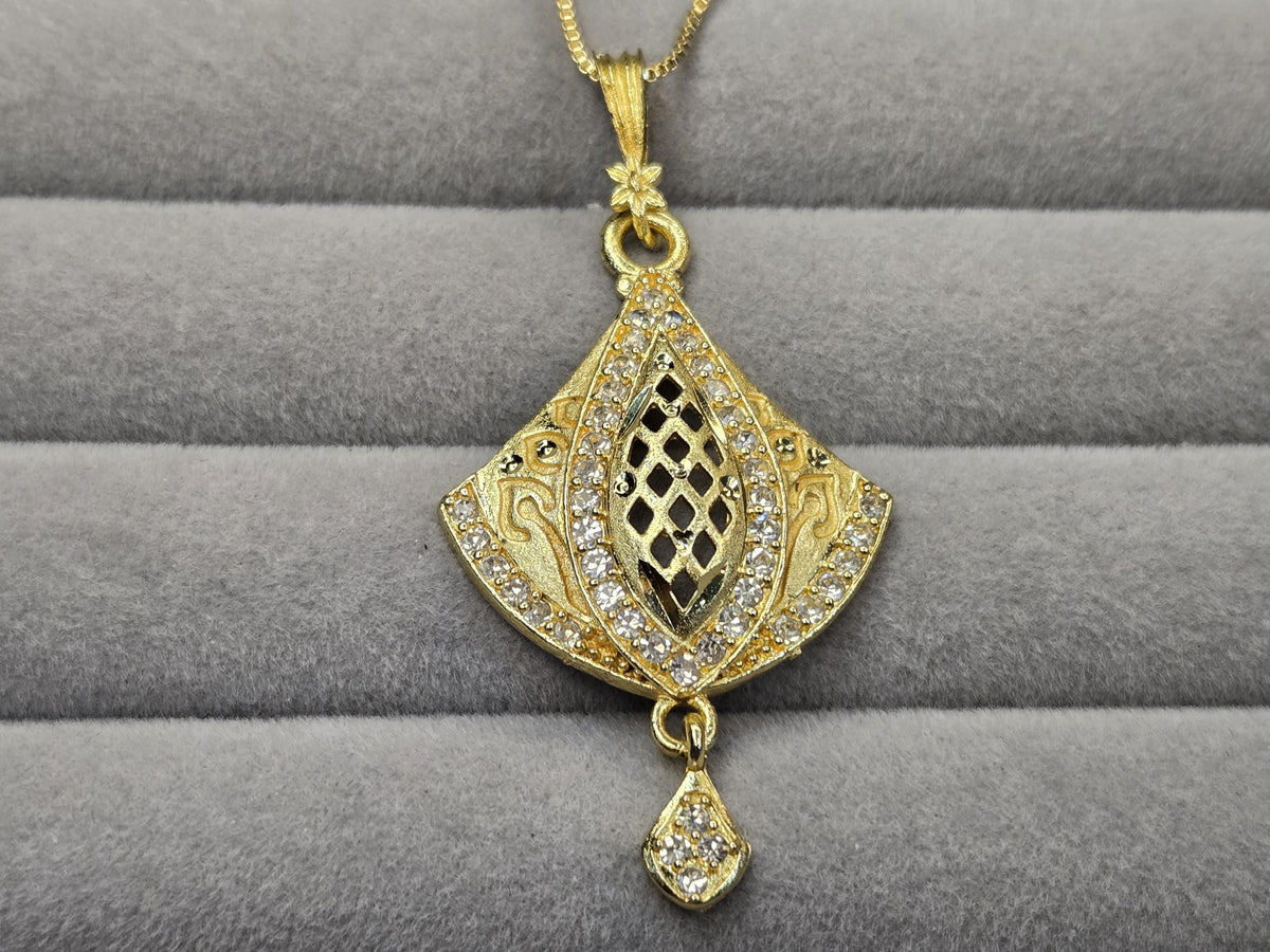 Gold Fan Pendant Necklace Set with CZ Stones – Bridal Jewelry with Matching Earrings
