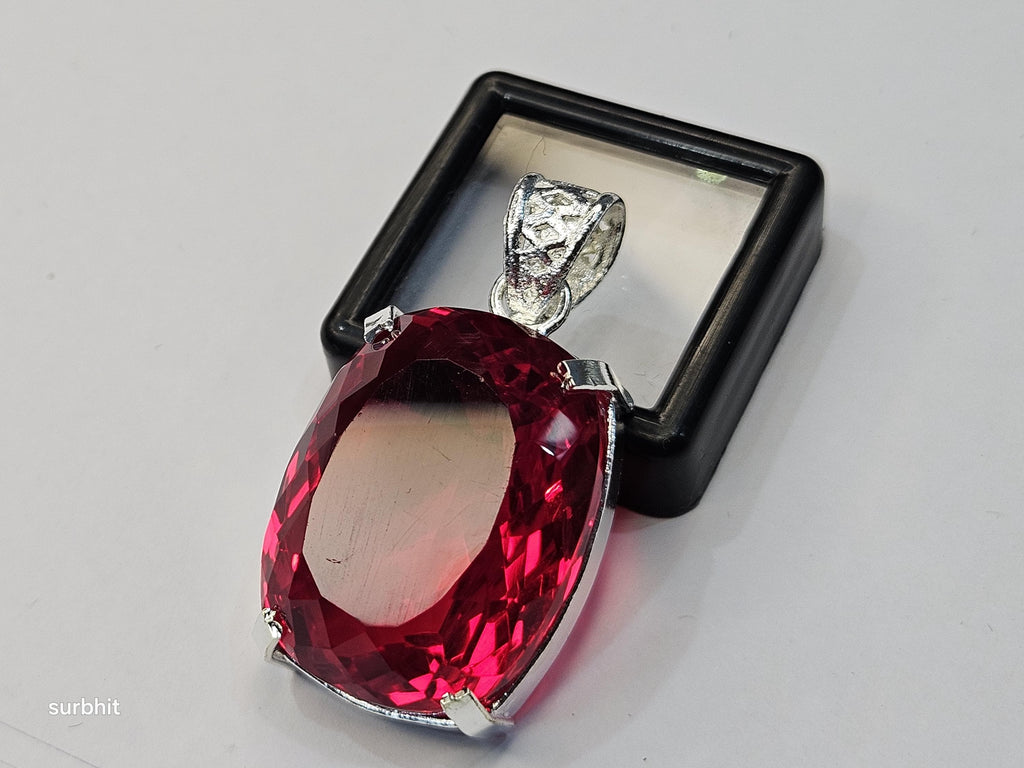 Red Topaz Locket Pendant, Lab-Created Cushion Cut 77+ ct Gemstone