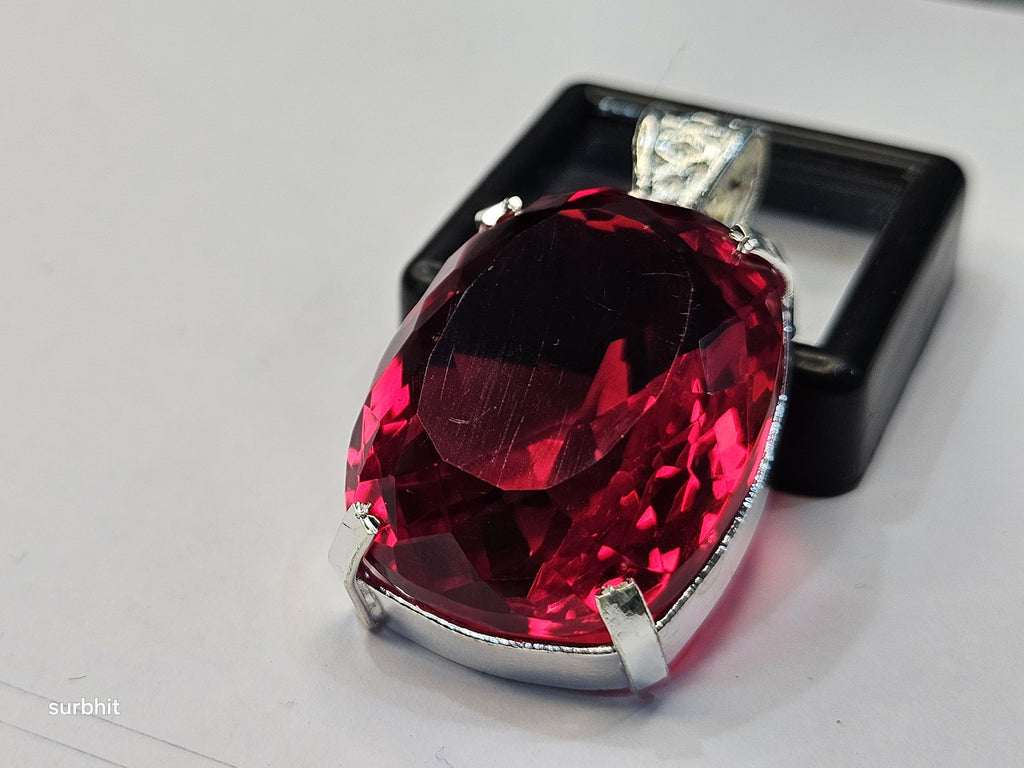 Red Topaz Locket Pendant, Lab-Created Cushion Cut 77+ ct Gemstone