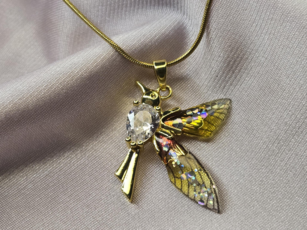 Gold Dragonfly Necklace, Crystal Enamel Wings, Nature Inspired Jewelry, Minimalist Whimsical Pendant