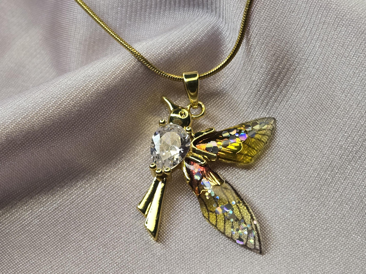 Gold Dragonfly Necklace, Crystal Enamel Wings, Nature Inspired Jewelry, Minimalist Whimsical Pendant