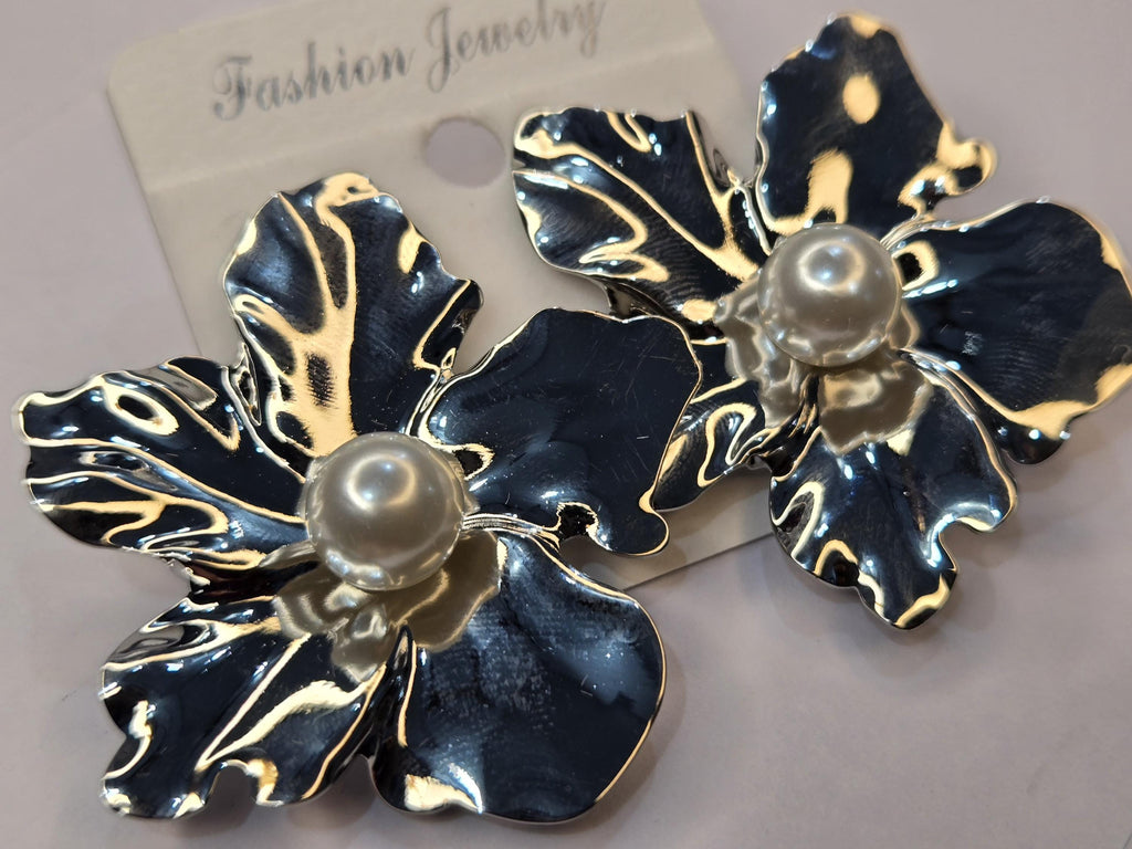 Large Silver Flower Statement Earrings with Pearl Center, 3D Metallic Botanical Studs