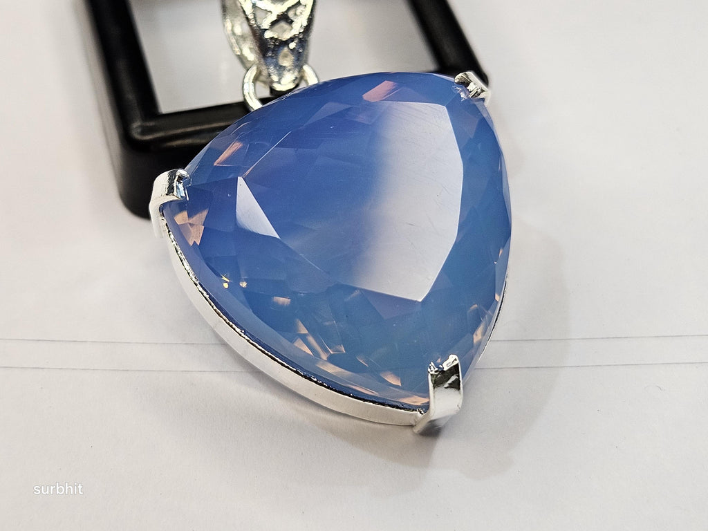 Blue Opal Locket Pendant, Trillion Cut Lab-Created Gemstone