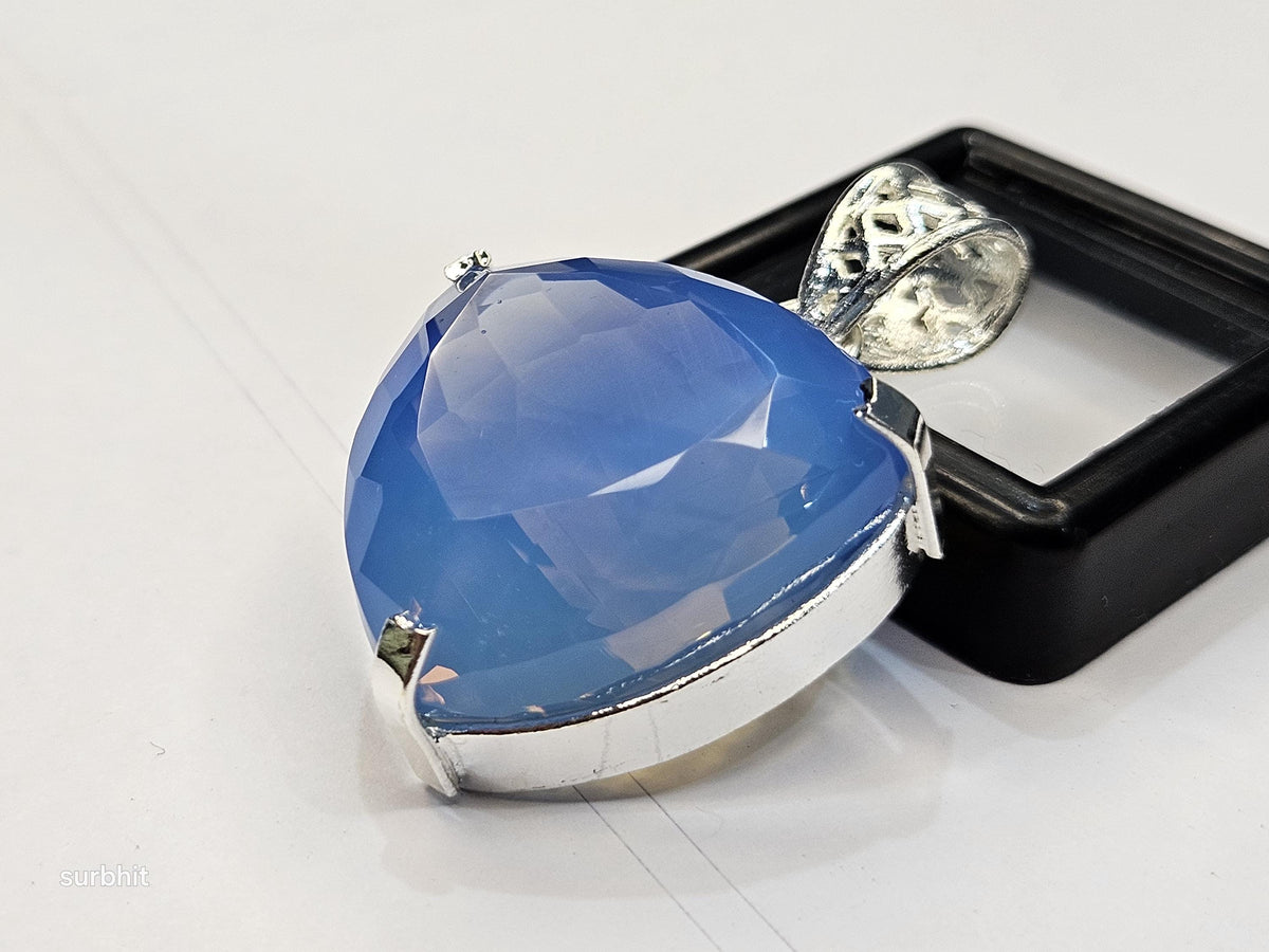 Blue Opal Locket Pendant, Trillion Cut Lab-Created Gemstone