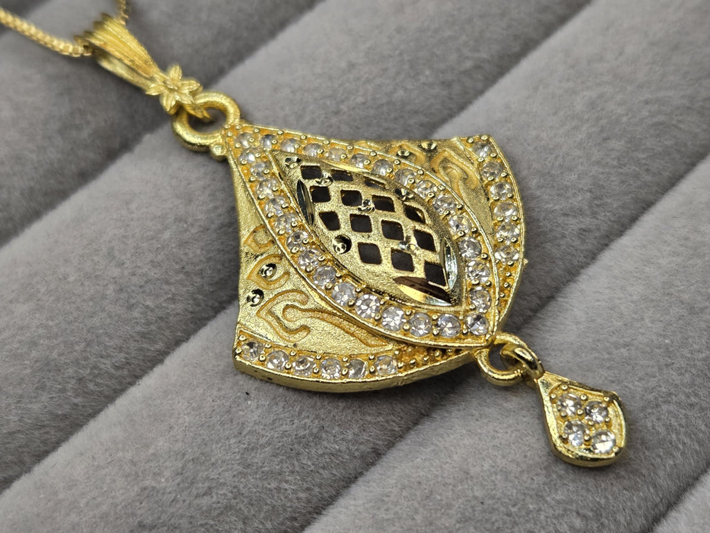 Gold Fan Pendant Necklace Set with CZ Stones – Bridal Jewelry with Matching Earrings