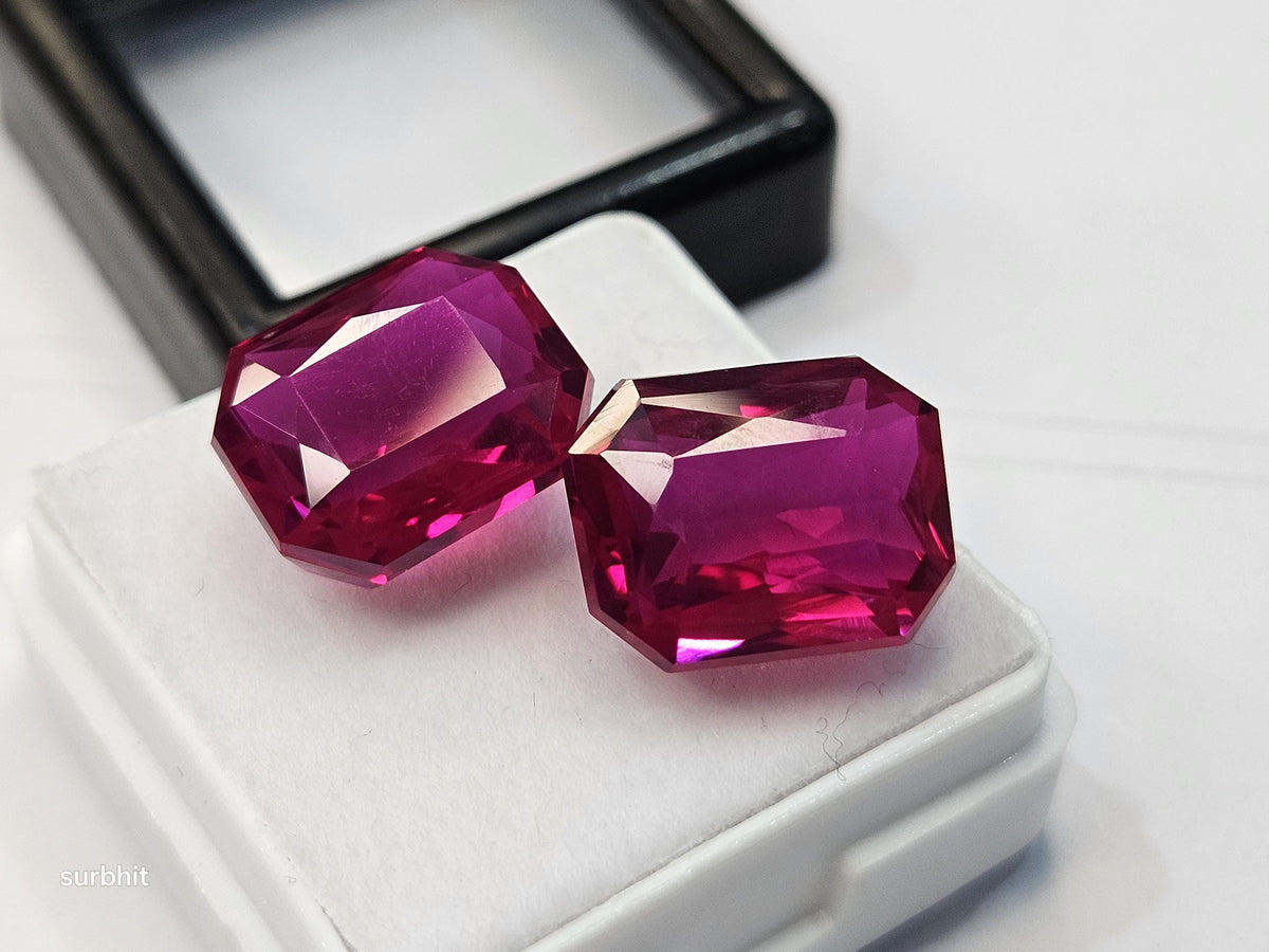 Pair Pink Ruby Gemstones, Mozambique Emerald Cut (21-22 Ct)