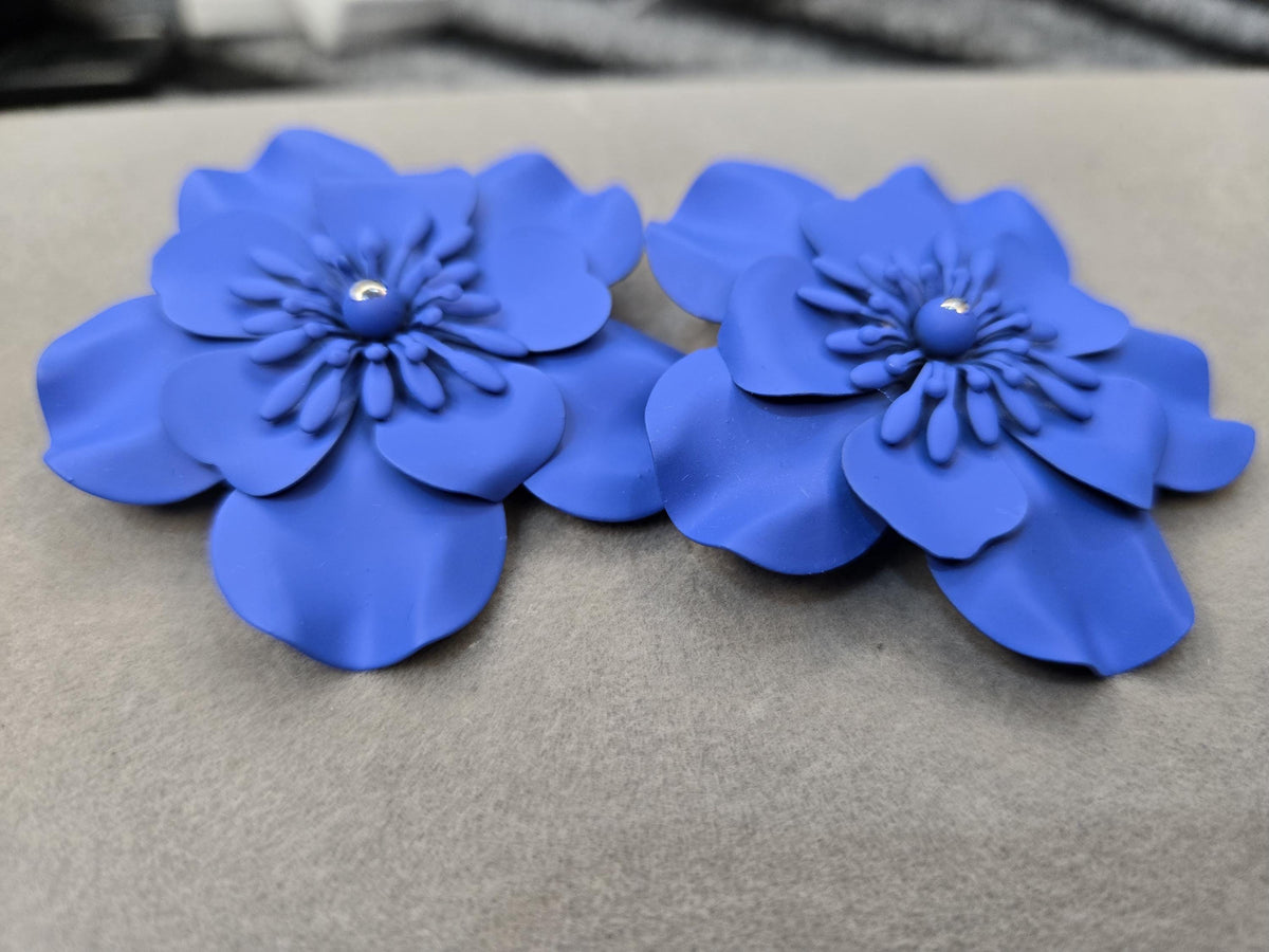 Matte Cobalt Blue 3D Flower Statement Earrings, Large Botanical Bloom Studs