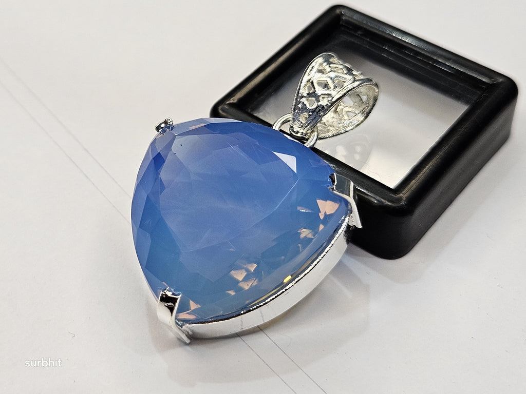 Blue Opal Locket Pendant, Trillion Cut Lab-Created Gemstone