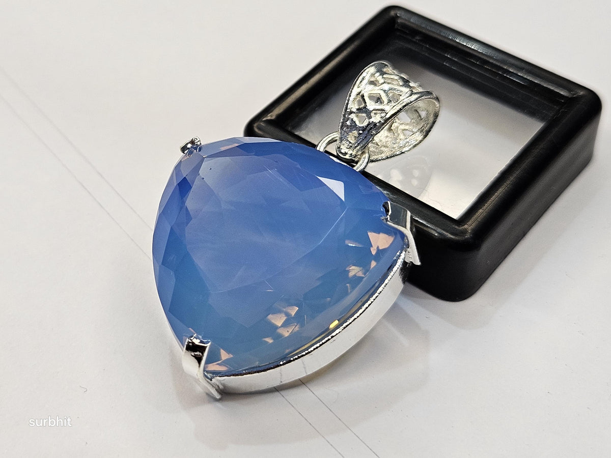 Blue Opal Locket Pendant, Trillion Cut Lab-Created Gemstone