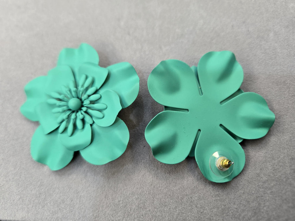 Matte Teal 3D Layered Flower Statement Earrings, Oversized Turquoise Bloom Studs