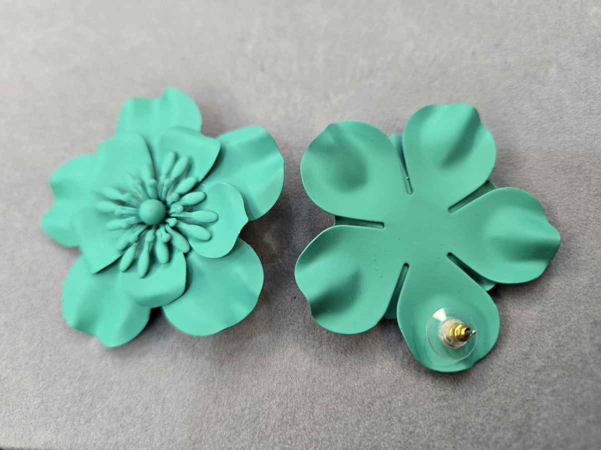 Matte Teal 3D Layered Flower Statement Earrings, Oversized Turquoise Bloom Studs
