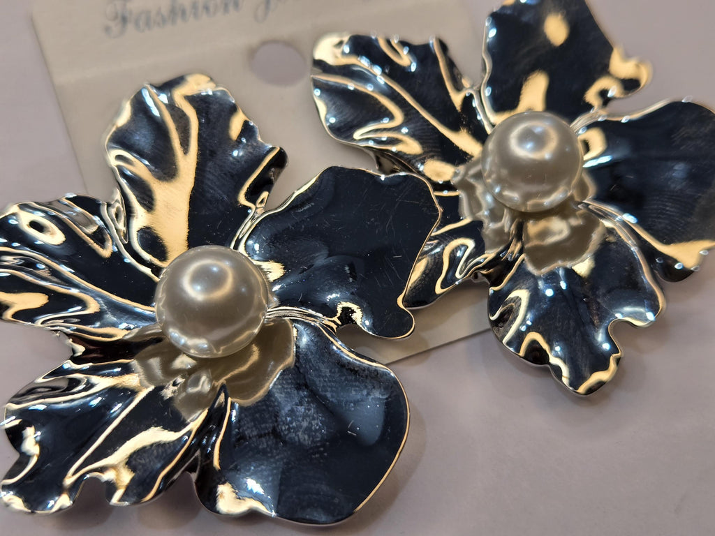 Large Silver Flower Statement Earrings with Pearl Center, 3D Metallic Botanical Studs