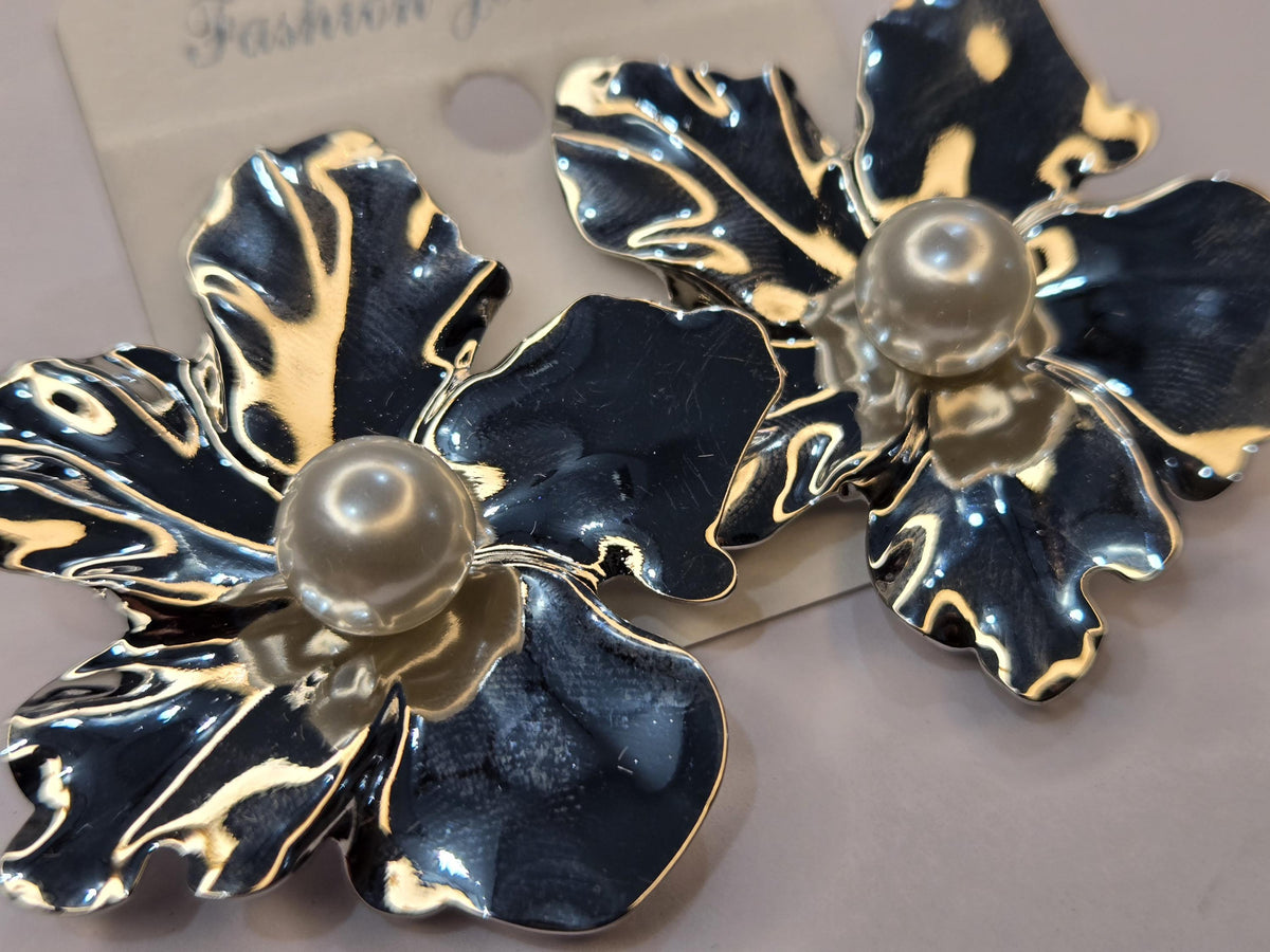Large Silver Flower Statement Earrings with Pearl Center, 3D Metallic Botanical Studs